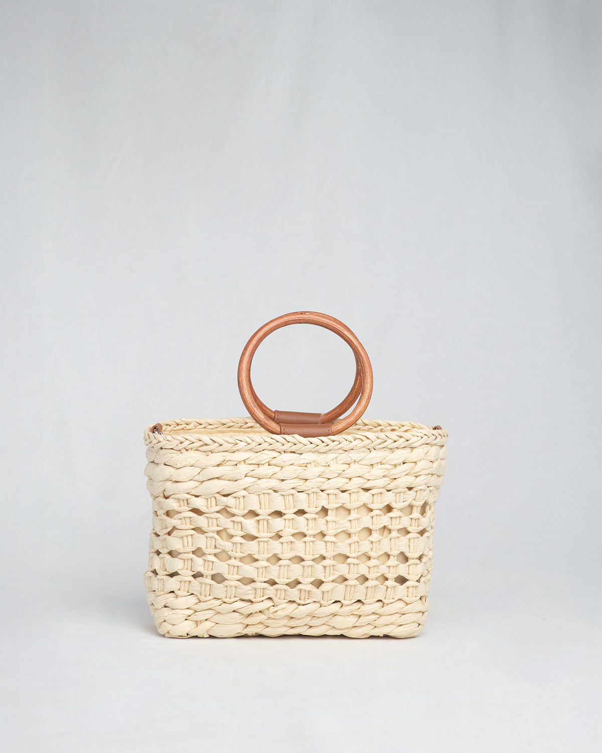 Bolso de palma con asa de madera , Estilo boho y natural