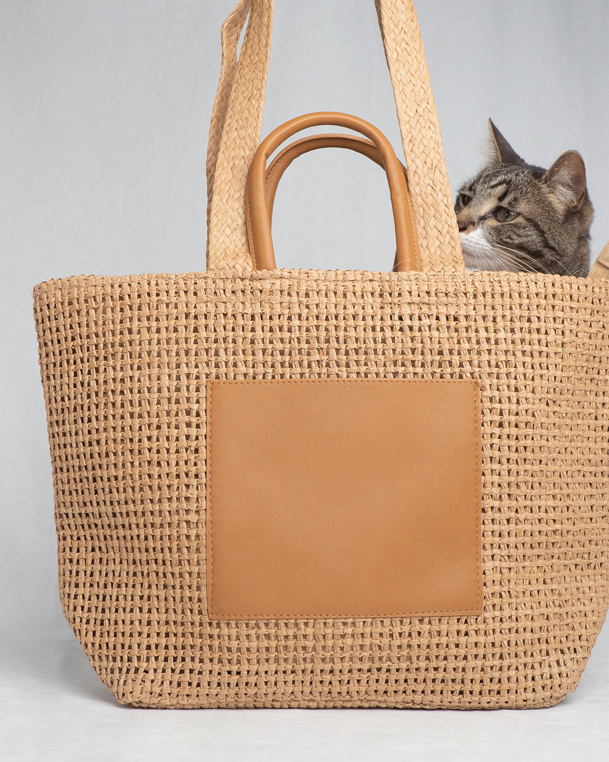 Bolso de Mimbre Shopper con Bolsillo Frontal en Cuero Sintético – Bolso Verano Mujer