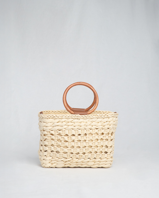 Bolso de palma con asa de madera , Estilo boho y natural