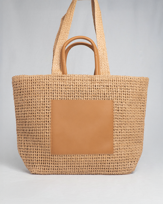 Bolso de Mimbre Shopper con Bolsillo Frontal en Cuero Sintético – Bolso Verano Mujer
